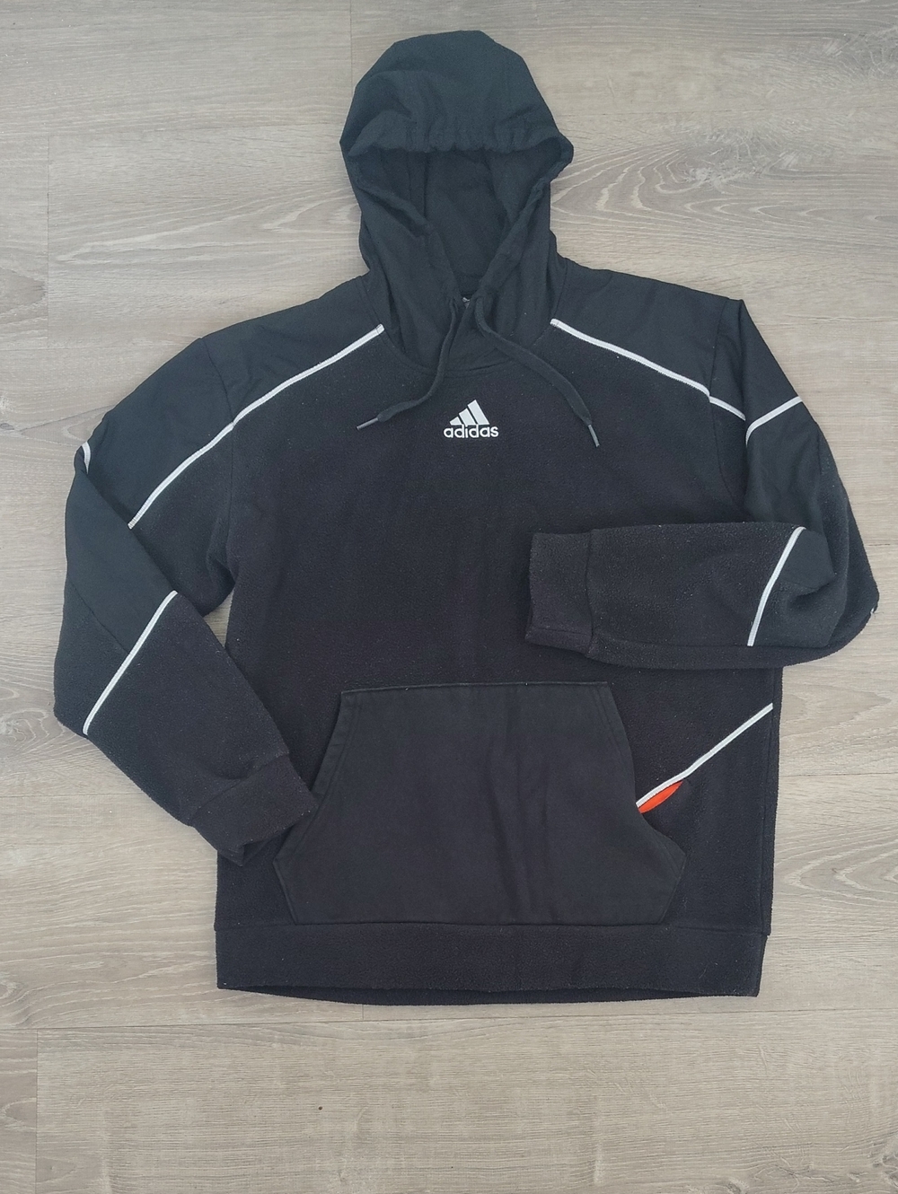 adidas Black Pullover Nylon/Fleece Hoodie with White Piping